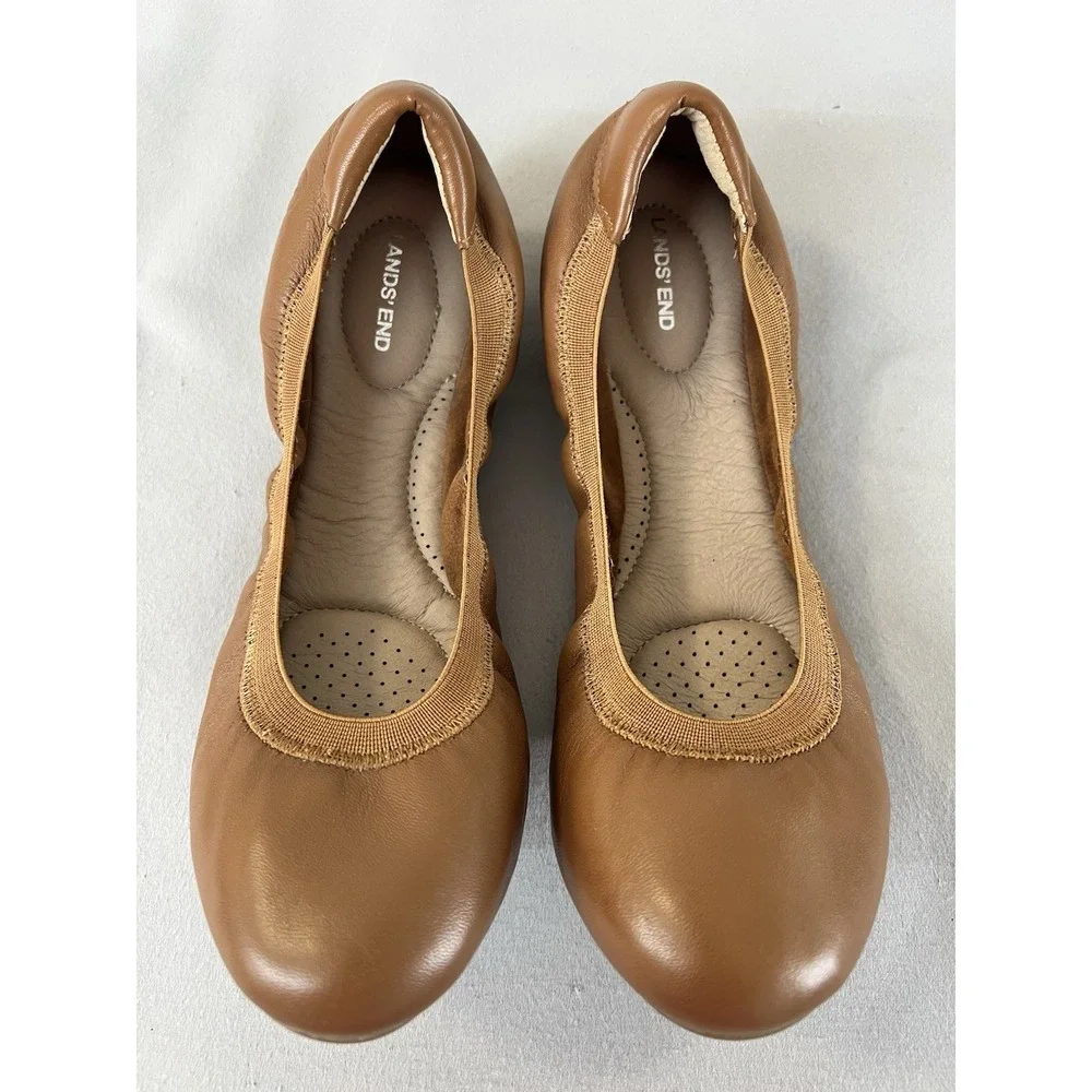 Lands'‎ End Women's Comfort Slip On Leather Ballet Flats 9B Cognac